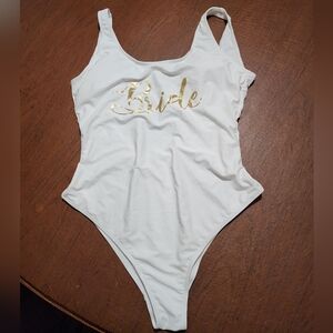 White Bride Swimsuit with Gold Lettering